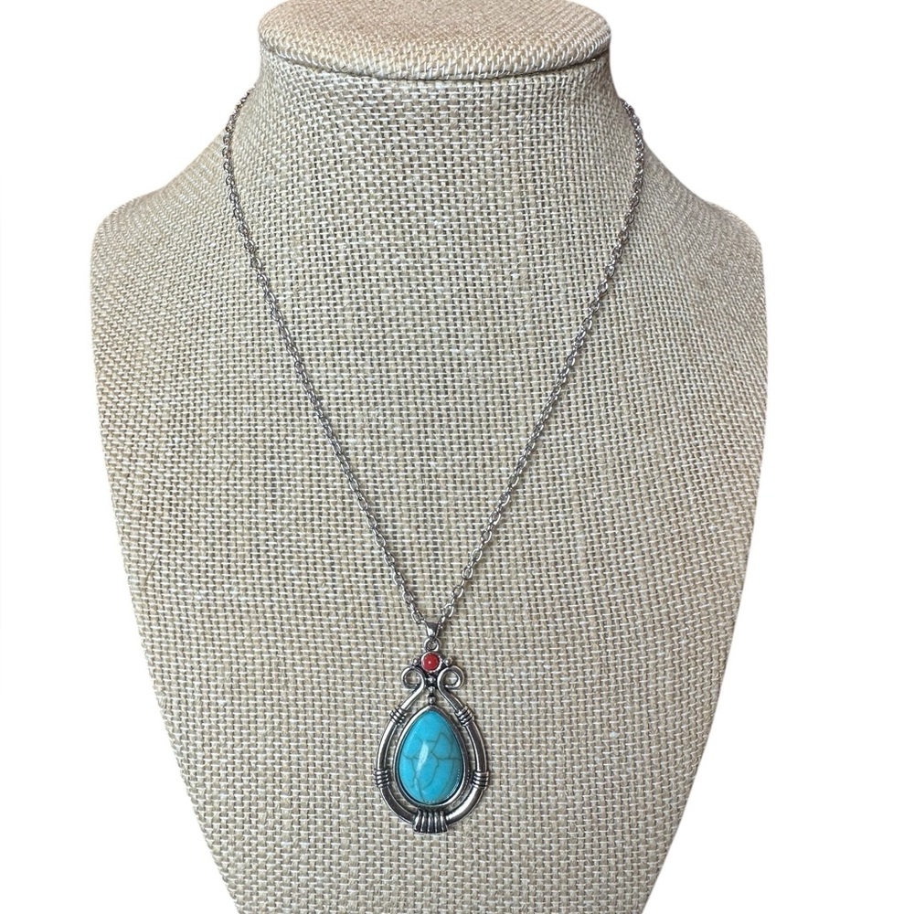 Turquoise and Silver Pendant Adjustable Necklace